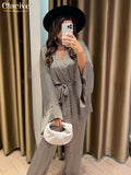 Fashion Print Home Suits Female Elegant Loose Wide Pants Set Casual Long Sleeve Lace-Up Robes 2 Piece Set Women