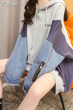 Vintage Women Hoodies Patchwork Pullovers Casual Streetwear Girls Letter Print Hooded Denim Splicing Tops Spring