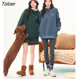Women Plush Hooded Sweatshirt 2022 Winter Long Sleeve Loose Hoodie Green Blue Warm Casual Streetwear