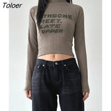 Korean Fashion Letter Print Knitted Crop Tops High Collar Grunge Casual Long Sleeve Women T-shirts Skinny Retro