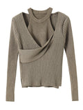 Fashion Women's 2 Pcs Set Halter Tank Tops Cross V-neck Slim Knitted Long Sleeve Swearter Suit Autumn 2023 New