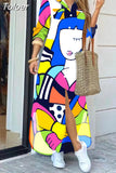 For Women 2023 Spring Summer Casual Loose Print Long Shirt Dress Button Up Long Sleeve Midi Elegant Vintage