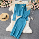 Beading Knitted Women Sets Loose Long Sleeves Sweater+ Solid Elastic Dress French Style Casual Two Piece