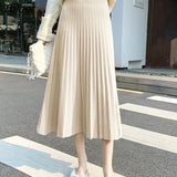 2023 New Women's Knitted A-line Skirt Autumn Winter Solid Color Pleated Long Skirts Woman Elegant High Waist Skirt
