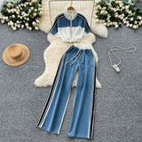 Suit Women's 2025 Summer Breeze 抽抽rop Cord Short Bumper Collar Top High-Waisted Cowboy Broad