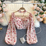 Women Boho Floral Blouse Korean Retro Square-Collar Puff Sleeve Slim Tops Spring Sexy Streetwear Print Short