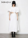 Solid Dress For Women Round Neck Short Sleeve High Waist Midi Dresses Female Korean Fashion Clothing Style New