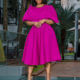 Round Collar Temperament Bubble Sleeves To Close The Waist Of Elegant A-Character
