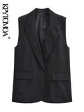Women Fashion Single Button Office Wear Waistcoat Vintage Sleeveless Flap Pockets Female Outerwear Chic