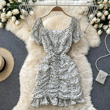 2021 Summer Chiffon Floral Dress Women Sexy Short Beach Dresses French Boho Daisy Print Vacation Party Ruched