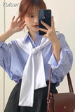 Blouses Shirts Women Blue Striped Elegant Loose Large Size Chic Fashion Scarf Collar New Leisure Womens Shirt