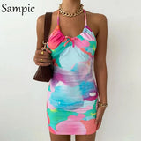 Tie Dye Print Sexy Women Summer Mini Wrap Halter Off Shoulder Party Dress Fashion Ladies Beach Club Casual Bodycon