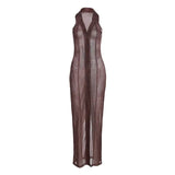 Sisterlinda Stunning Elegant Mesh V-Neck Maxi Dress Women Sleeveless Button Snake Turn-Down Collar Party Clubwear Female