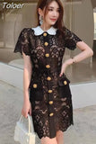 Black Lace Dress Women Single-breasted Lapel Neck Elegant Vestido Dresses Lady Golden Button Hollow Out Hook Sexy