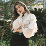 Party Sannian Women Shirt Palace Style Rose Bow Tie Stand Collar Single Breasted Ruffle Stitching Loose Long Sleeve Shirt Women
