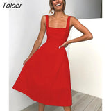 Casual Solid Dress Women Midi Long Summer Sexy Backless Slip Dresses Ruched Fashion Elegant Party Clothes Leisure