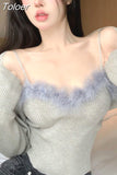 2 Piece Set Women Crop Tops Sexy Sling Vest Long Sleeve Cardigan Coat Outfits Rouopas Femme Sexy Tunic Suit Y2k