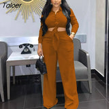 Fall Autumn Long Sleeve Turn Down Collar Lace Up Shirt Top and Wide Leg Pants Two Piece Set Outfits Women