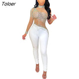 Diamonds Rompers And Jumpsuits Summer Sexy Short Jumpsuits For Women Casual Mesh See Through Long Sleeve Romper