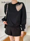 Hollow Out Plain Sweatshirt For Women Round Neck Loose Long Sleeve Patchwork Chain Heart Pullovers Female 2021