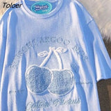 Big Luxury Cherry Embroidery Cute T Shirts Korean Fashion Brand Streetwear Oversized Tees Tops 2022 Summer Cotton