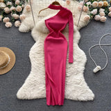 Halter Hollow Out Sexy Knitted Dress One Shoulder Long Sleeve Elastic Slim 2022 Women Autumn Split Party Sweater