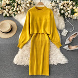 Beading Knitted Women Sets Loose Long Sleeves Sweater+ Solid Elastic Dress French Style Casual Two Piece