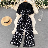 Women Short Sleeve Jumpsuit Patchwork Wide Legs Bodycon Jumpsuit Simple Romper Trousers Club Wear 20122 Summer Playsuit