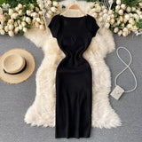 Spring Summer Dress Knitted Solid Sqaure Neck Sexy Bodycon Dresses for Women Stretch Vestidos Short Sleeve