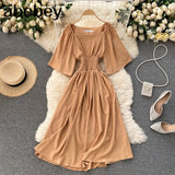 Sweet Solid Women Square Collar Flying Sleeve Ruffle A-line Dresses Summer Boho Chiffon Midi