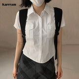 Summer Korean Fashion White Shirt Short Sleeve Double Pocket Solid Shirts Women Japanese Style Blouse Lapel Collar