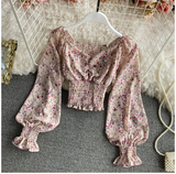 Wooden Ear Print Blouse Holiday Beach Style Slim Fit Pleat Blusas Square Collar Off Shoulder Chiffon Shirt