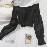 Sexy Slash Neck Short Tops Women Ruffle Long Sleeve Khaki/White Shirts Casual Slim Off Shoulder Tops Female New Fashion