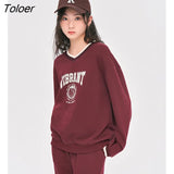 Women Fleece Sweatshirt 2022 Winter Long Sleeve V Neck Loose Hoodie Vintage Letter Print Casual Streetwear