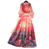 Actress High-End Printing Set Female Lantern Sleeve Buckle Shirt + High Waist Swing Half Body