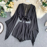 New Summer 2 Piece Outfits For Women Flare Sleeve Crop Top + Broad-legged Shorts Fashion Ladies Sexy Solid Chiffon Suit
