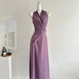 Femininity Purple V-Necked Neck Dress Female Design Feel Belt Strap Vest