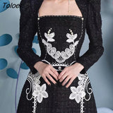 Flower Embroidery Dress for Women Square Neck High Waist Black Bodycon Dress Long-sleeve Spring Summer Mini