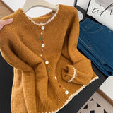 Toloer Retro Wavy Collar Color Button Design Knitted Cardigan Women Loose Soft-Creative Sweater Jacket