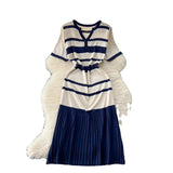 Version Of Fashion V-Neck Short-Sleeved Striped Knitted Dress Women Thin Senior Sense 100-Folded Dress Women