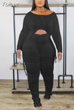 Ruched Drawstring 2 Piece Set for Women Otufits One Shoulder Long Sleeve Crop Top and Stacked Skinny Pant Loungewear