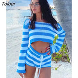 Toloer Knit Stripe Crop Top Shorts Suits Women Long Sleeves Top Drawstring Shorts 2 Two Piece Set Sweater 2023 Beach Holiday 102-1-Outfit