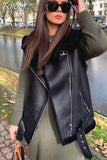 MODA Autumn Women Thick Warm Faux Leather Vest Jacket With Belt Ladies Fashion Sleeveless Waistcoat Coat Female Chic