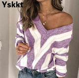 Women's Geometric Printed V Neck Long Sleeve Sweaters Autumn Winter Knitted Sweater Pullover