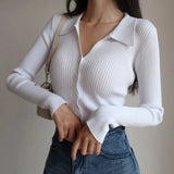 Elegant Lapel Knitted Cardigan Sweater Women V Neck Sexy Long Sleeve Tops Turn Down 2022 Slim Ladies Button Clothes