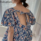 Women Korean Floral Vintage Dress 2023 Vestidos De Mujer Bandage Long Robe Summer Puff Sleeve Party Dress Y2k
