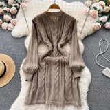 Women Retro Solid Sweater Dress V Neck Hemp Floral Long Sleeve French Style 2022 Winter A Line Slim Knitted