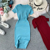 Solid-Color Temperament Round-Neck Knitted Tight Skirt Dress Bag Hip One-Step Skirt Dress Mid-Long