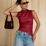 Toloer Women's 2024 Leather Collar Personality Waist Oblique Sleeveless Top Women's Vest-Outfit