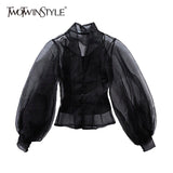 Hollow Out Shirt Female Stand Collar Lantern Sleeve Tunic High Waist Shirts 2020 Spring Fashion Large Size